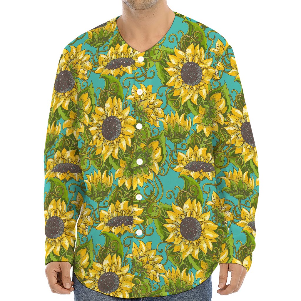 Blooming Sunflower Pattern Print Long Sleeve Baseball Jersey