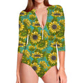 Blooming Sunflower Pattern Print Long Sleeve Swimsuit