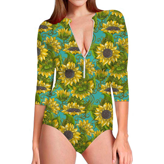 Blooming Sunflower Pattern Print Long Sleeve Swimsuit