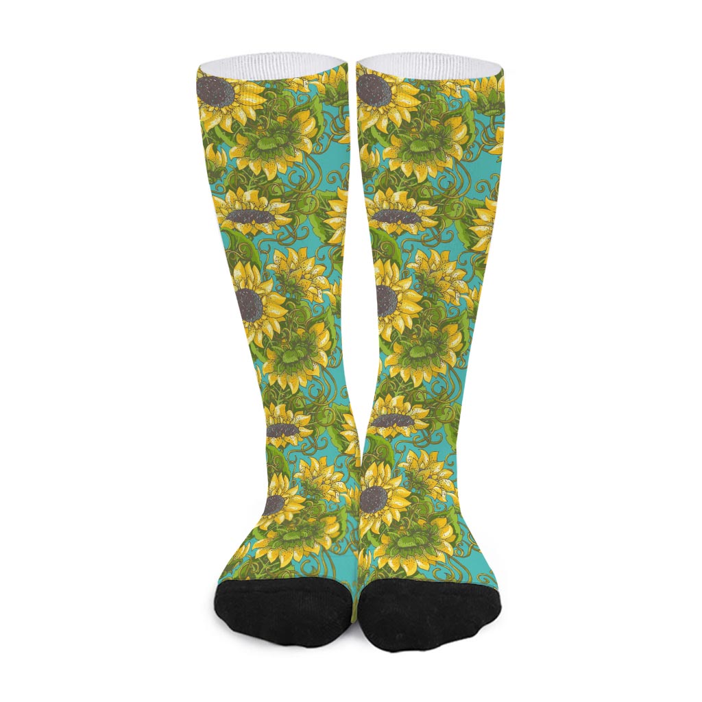Blooming Sunflower Pattern Print Long Socks