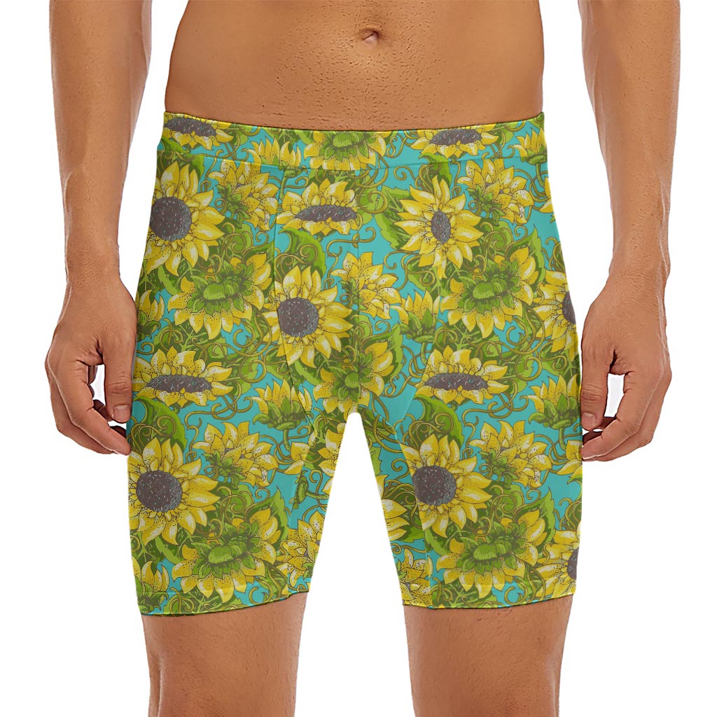 Blooming Sunflower Pattern Print Men's Long Boxer Briefs