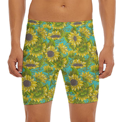 Blooming Sunflower Pattern Print Men's Long Boxer Briefs