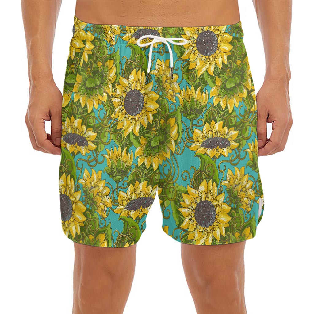 Blooming Sunflower Pattern Print Men's Split Running Shorts