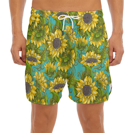 Blooming Sunflower Pattern Print Men's Split Running Shorts