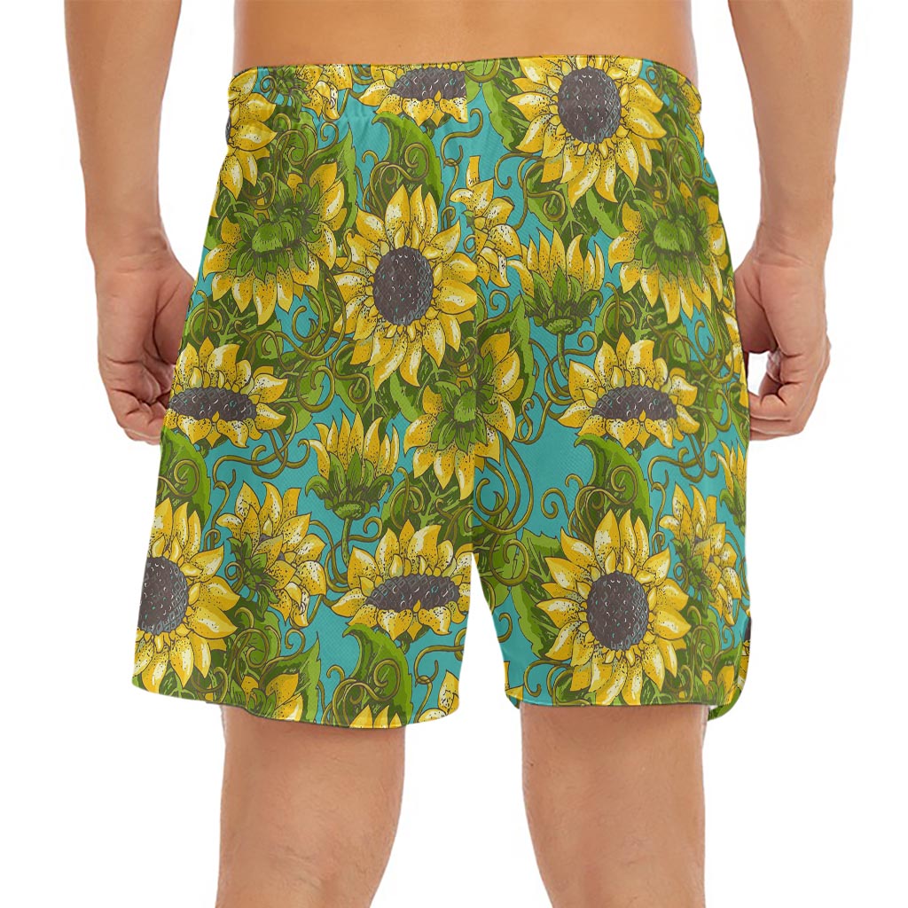 Blooming Sunflower Pattern Print Men's Split Running Shorts
