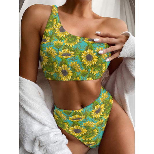Blooming Sunflower Pattern Print One Shoulder Bikini Top