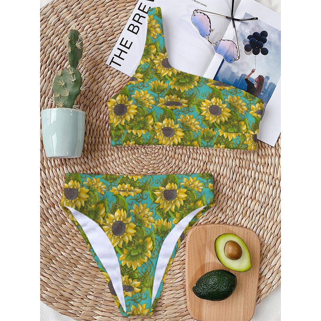 Blooming Sunflower Pattern Print One Shoulder Bikini Top
