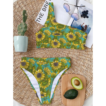 Blooming Sunflower Pattern Print One Shoulder Bikini Top