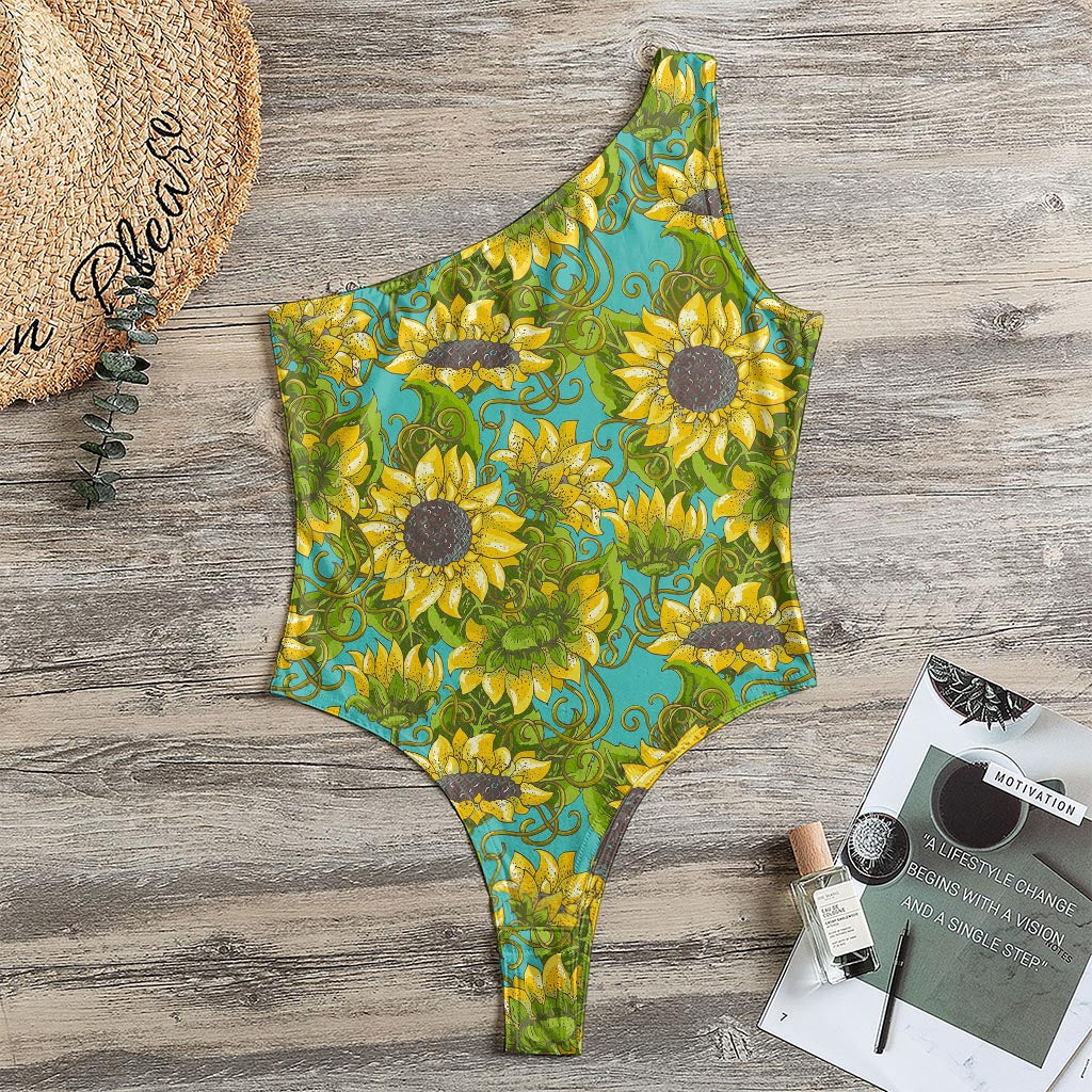 Blooming Sunflower Pattern Print One Shoulder Bodysuit