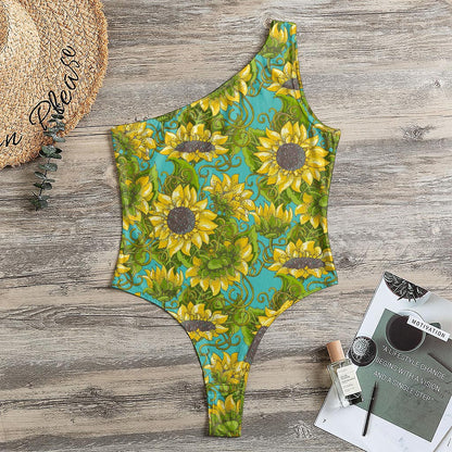 Blooming Sunflower Pattern Print One Shoulder Bodysuit