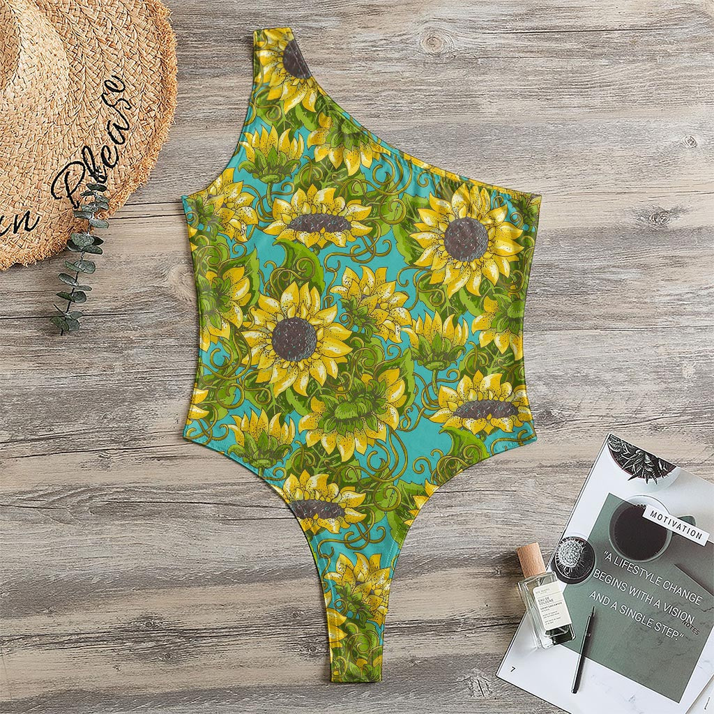 Blooming Sunflower Pattern Print One Shoulder Bodysuit