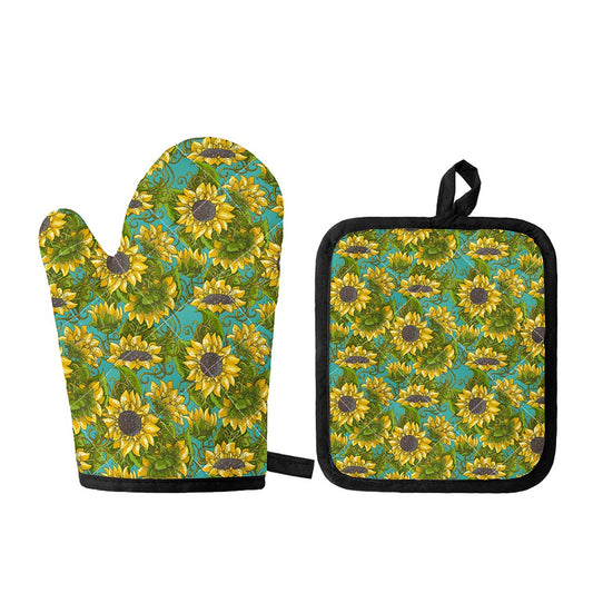 Blooming Sunflower Pattern Print Oven Mitt And Pot Holder Set