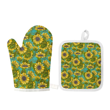 Blooming Sunflower Pattern Print Oven Mitt And Pot Holder Set