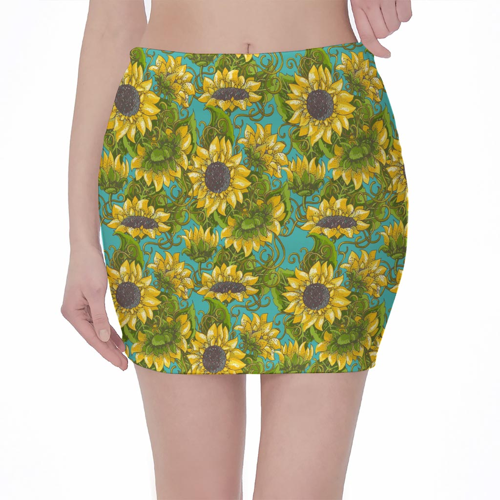Blooming Sunflower Pattern Print Pencil Mini Skirt