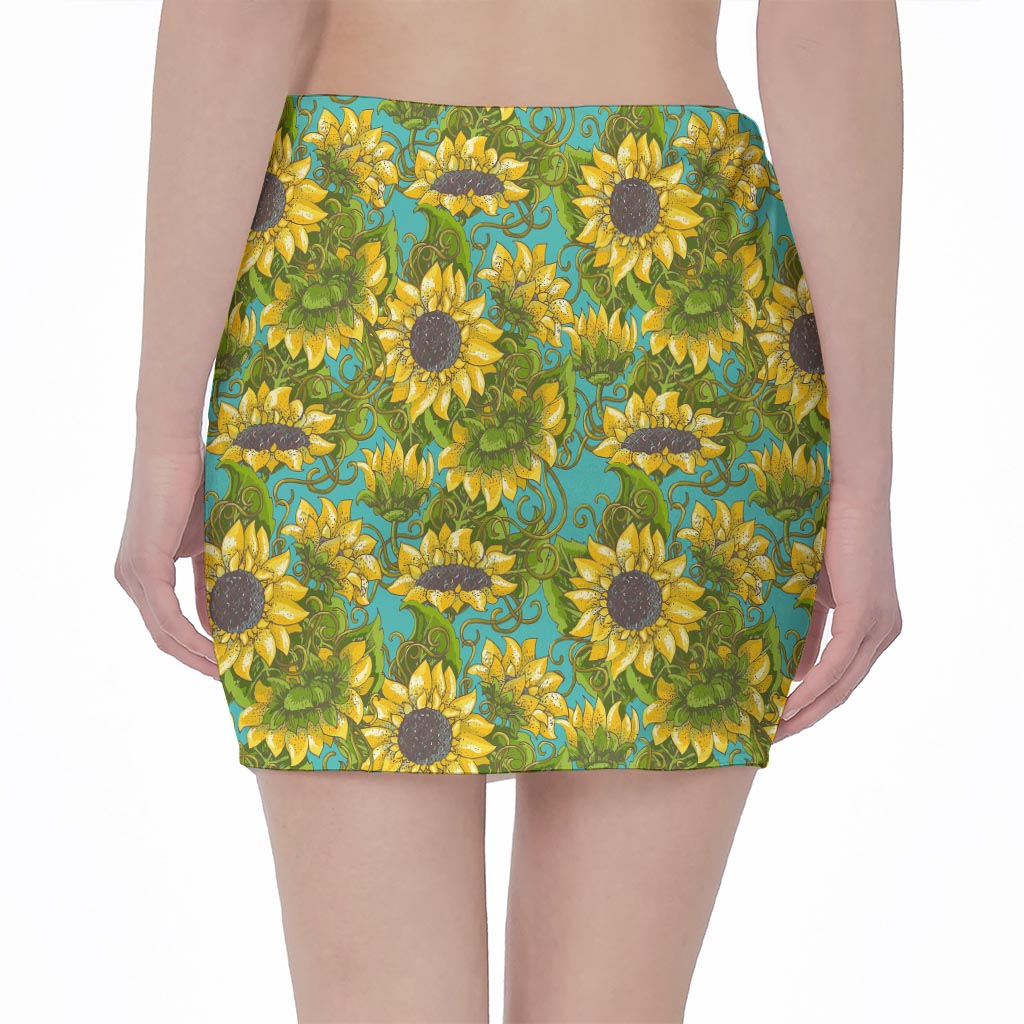 Blooming Sunflower Pattern Print Pencil Mini Skirt