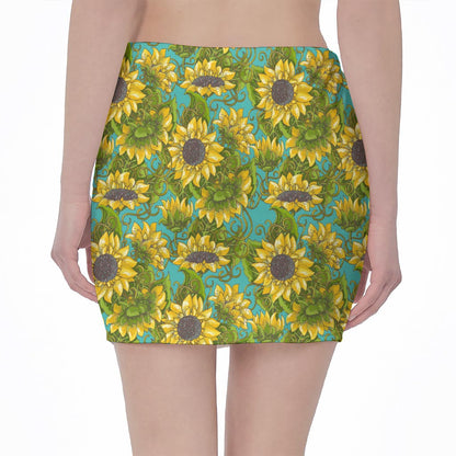 Blooming Sunflower Pattern Print Pencil Mini Skirt