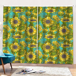 Blooming Sunflower Pattern Print Pencil Pleat Curtains