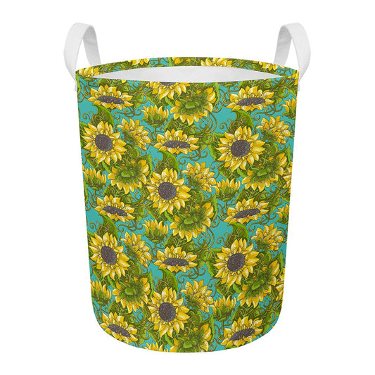 Blooming Sunflower Pattern Print Round Laundry Basket