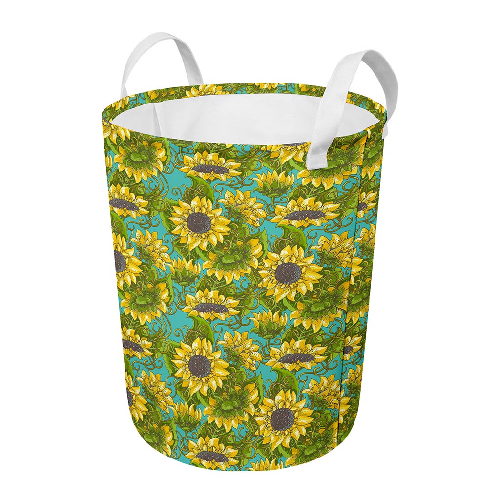 Blooming Sunflower Pattern Print Round Laundry Basket