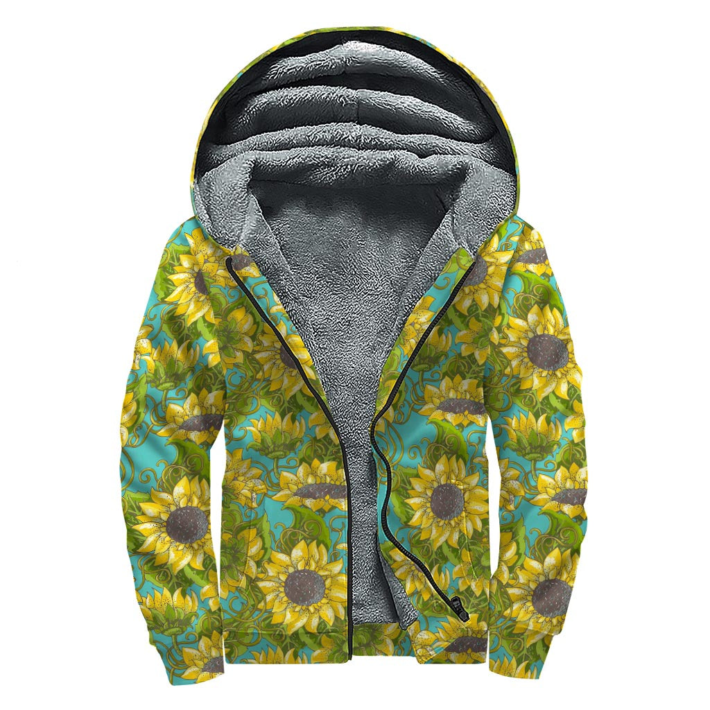 Blooming Sunflower Pattern Print Sherpa Lined Zip Up Hoodie