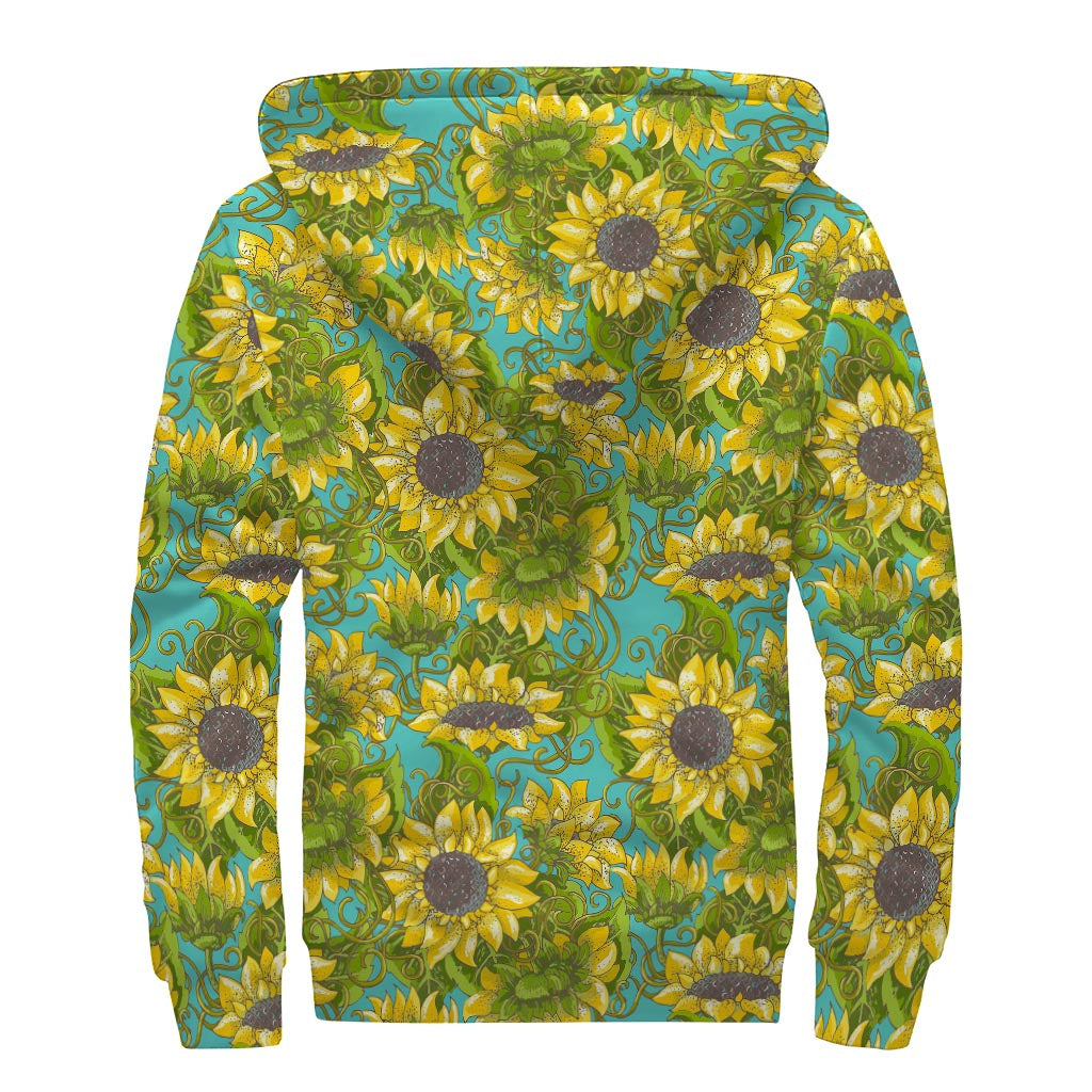 Blooming Sunflower Pattern Print Sherpa Lined Zip Up Hoodie