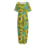 Blooming Sunflower Pattern Print Short Sleeve Long Nightdress