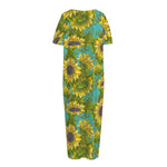 Blooming Sunflower Pattern Print Short Sleeve Long Nightdress