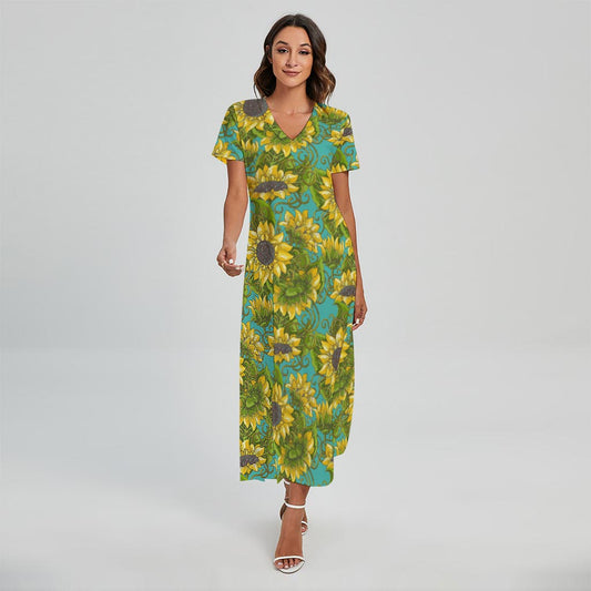 Blooming Sunflower Pattern Print Short Sleeve Maxi Dress