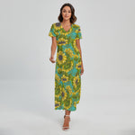 Blooming Sunflower Pattern Print Short Sleeve Maxi Dress