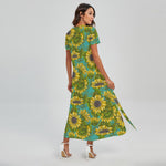 Blooming Sunflower Pattern Print Short Sleeve Maxi Dress