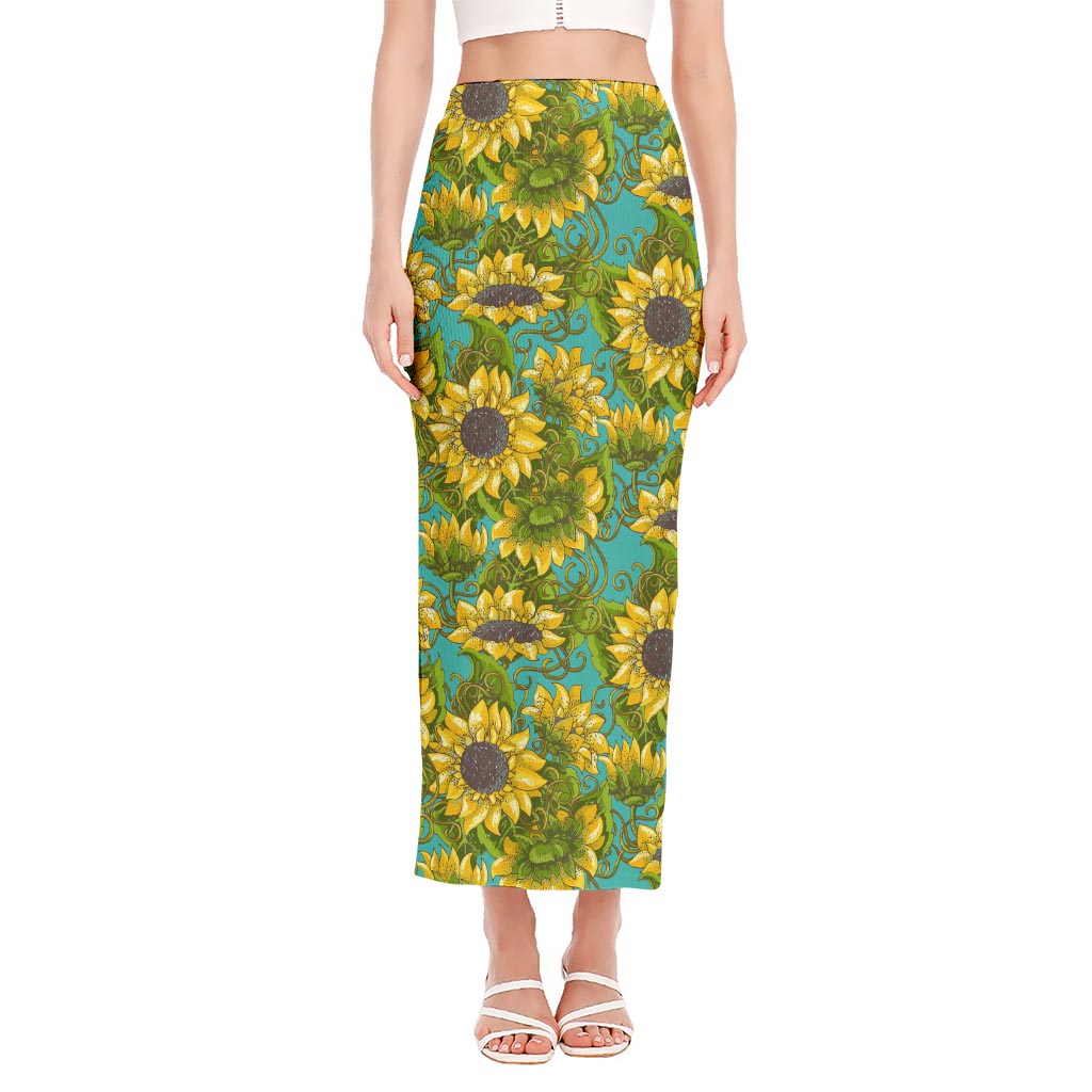Blooming Sunflower Pattern Print Side Slit Maxi Skirt