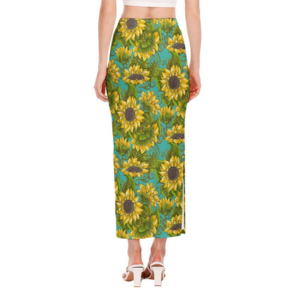 Blooming Sunflower Pattern Print Side Slit Maxi Skirt