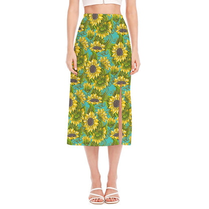 Blooming Sunflower Pattern Print Side Slit Midi Skirt
