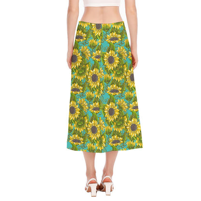 Blooming Sunflower Pattern Print Side Slit Midi Skirt