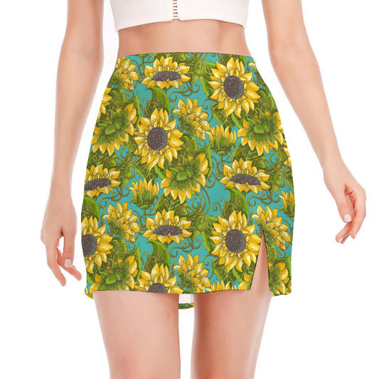 Blooming Sunflower Pattern Print Side Slit Mini Skirt