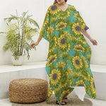 Blooming Sunflower Pattern Print Silk V-Neck Kaftan Dress