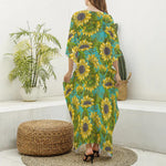 Blooming Sunflower Pattern Print Silk V-Neck Kaftan Dress