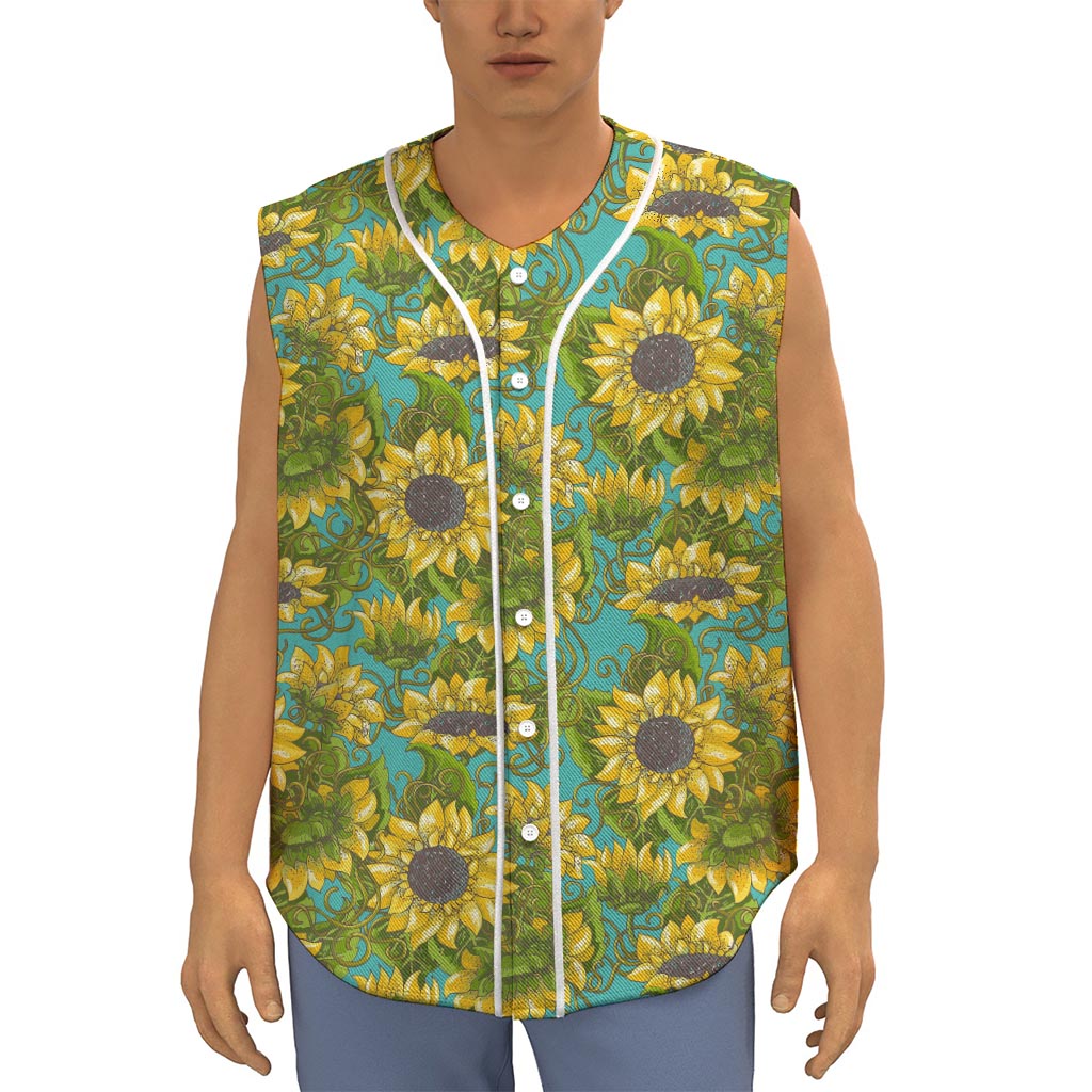 Blooming Sunflower Pattern Print Sleeveless Baseball Jersey