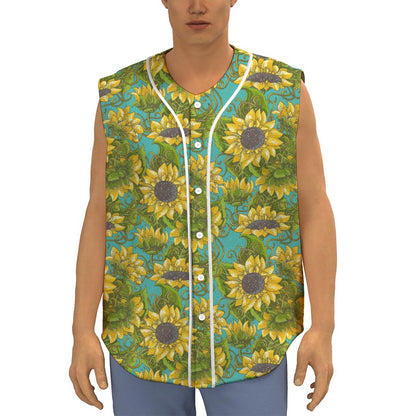 Blooming Sunflower Pattern Print Sleeveless Baseball Jersey