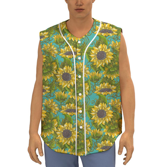 Blooming Sunflower Pattern Print Sleeveless Baseball Jersey