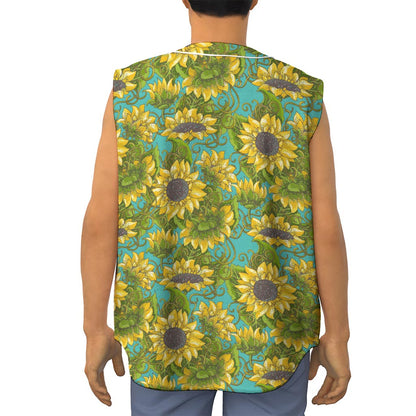 Blooming Sunflower Pattern Print Sleeveless Baseball Jersey