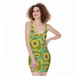 Blooming Sunflower Pattern Print Sleeveless Bodycon Dress