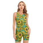 Blooming Sunflower Pattern Print Sleeveless One Piece Swimsuit