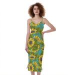 Blooming Sunflower Pattern Print Slim Fit Midi Cami Dress