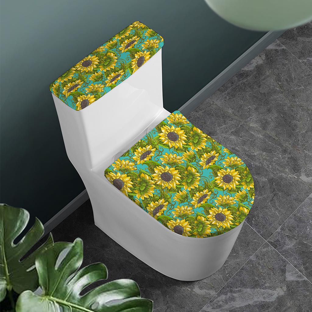 Blooming Sunflower Pattern Print Toilet Lid And Tank Cover Set