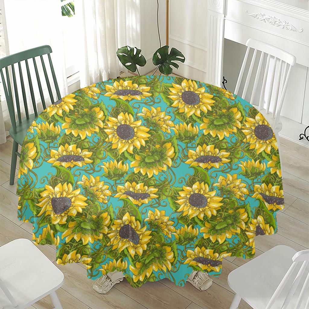 Blooming Sunflower Pattern Print Waterproof Round Tablecloth
