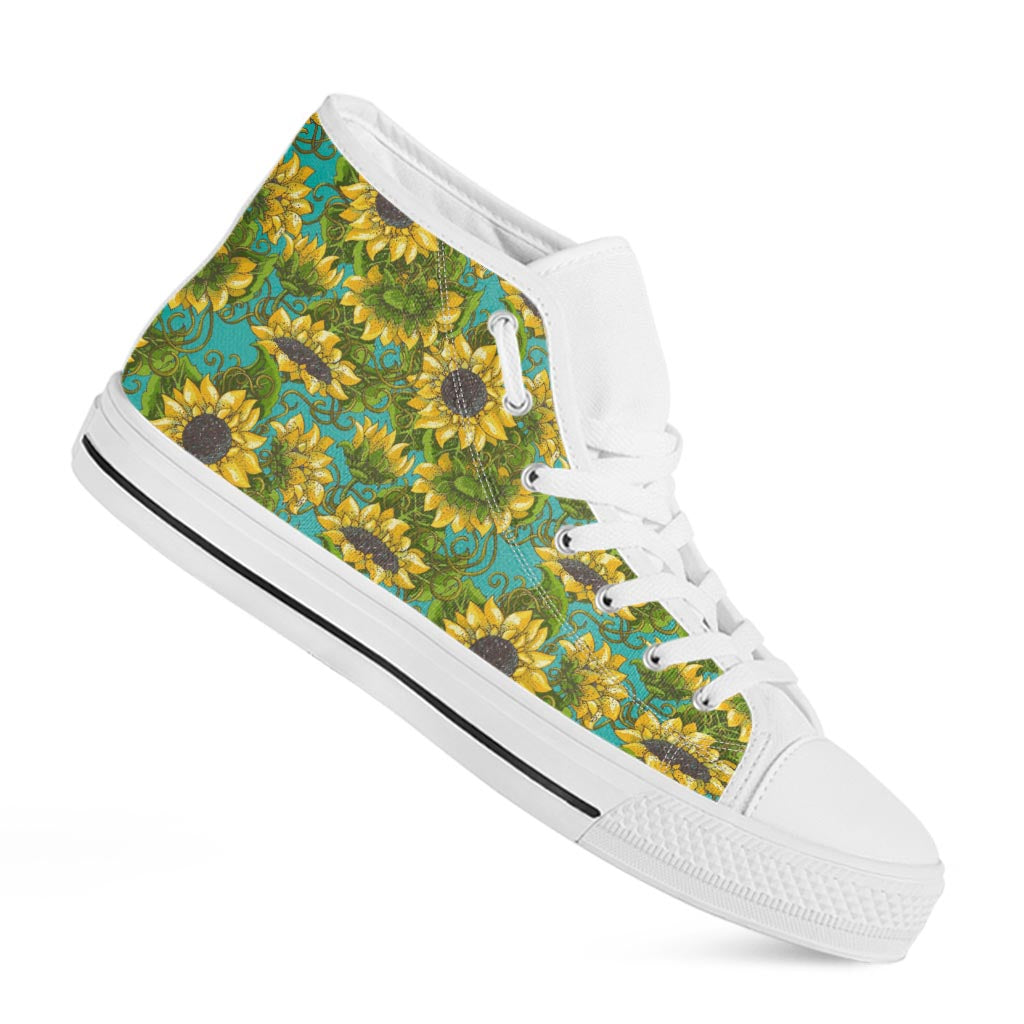 Blooming Sunflower Pattern Print White High Top Sneakers