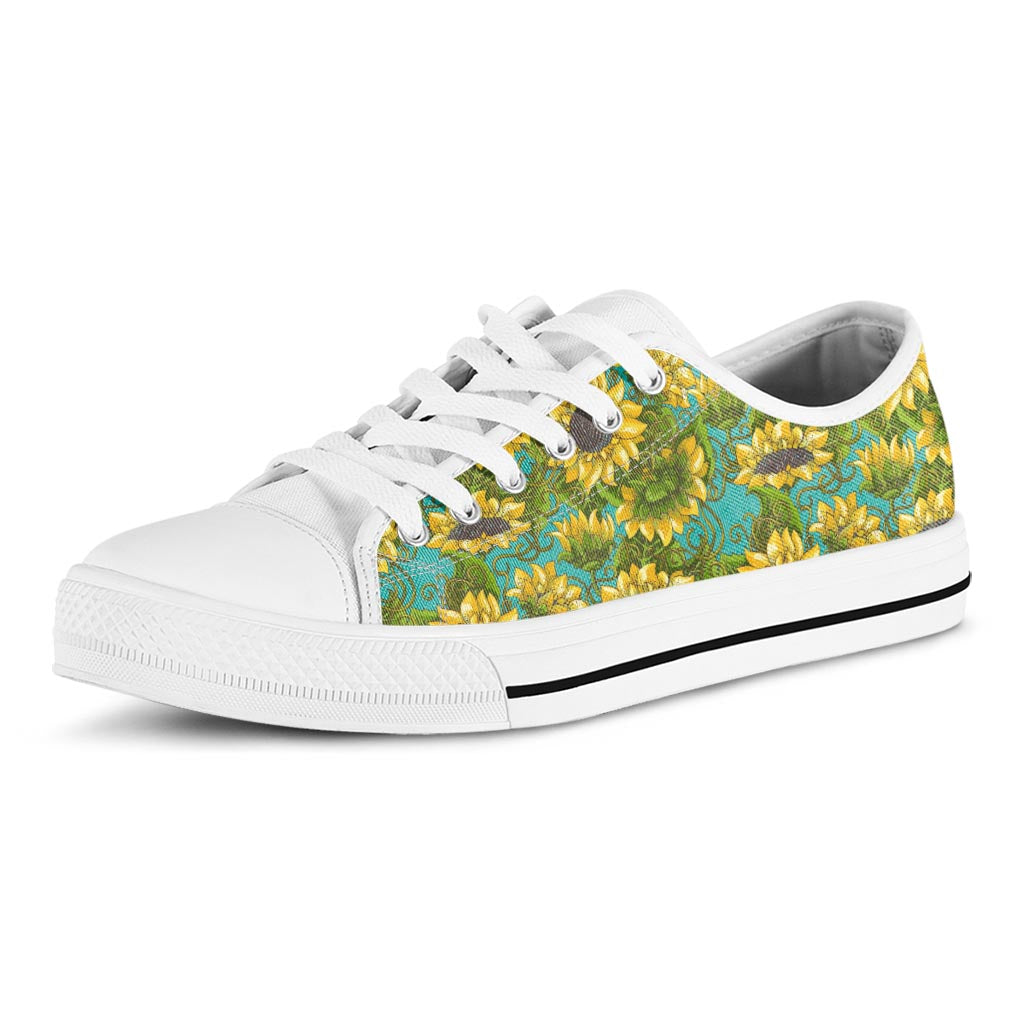 Blooming Sunflower Pattern Print White Low Top Sneakers