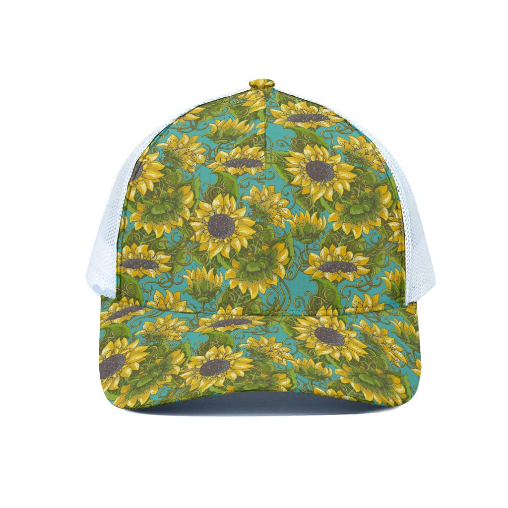 Blooming Sunflower Pattern Print White Mesh Trucker Cap
