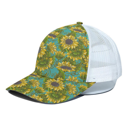 Blooming Sunflower Pattern Print White Mesh Trucker Cap